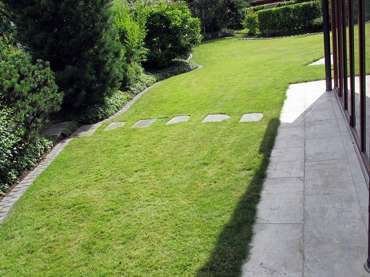 Gepflegte Rasenfläche mit Trittplatten entlang einer Terrasse